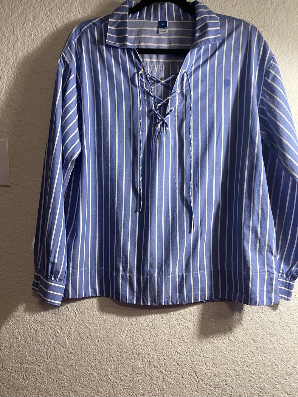 Blue and White Striped Lace-Up Pullover Shirt